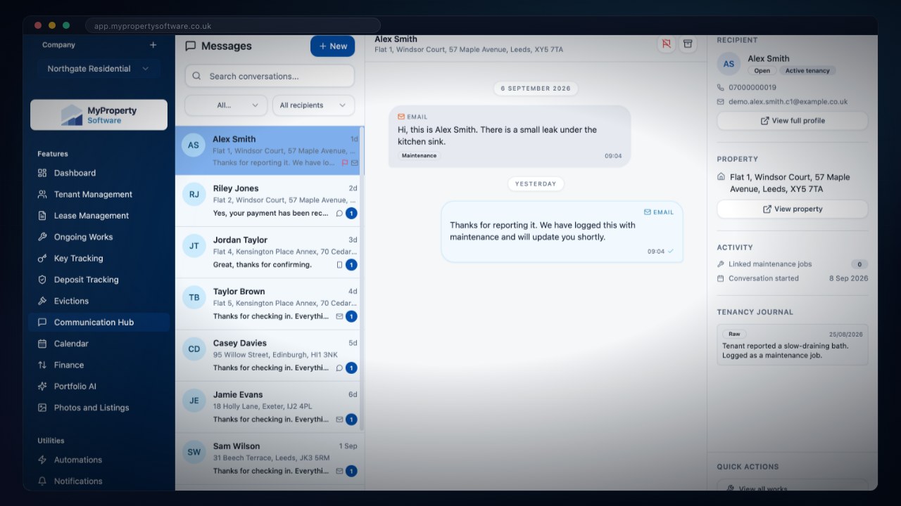 Communication hub with tenant message history