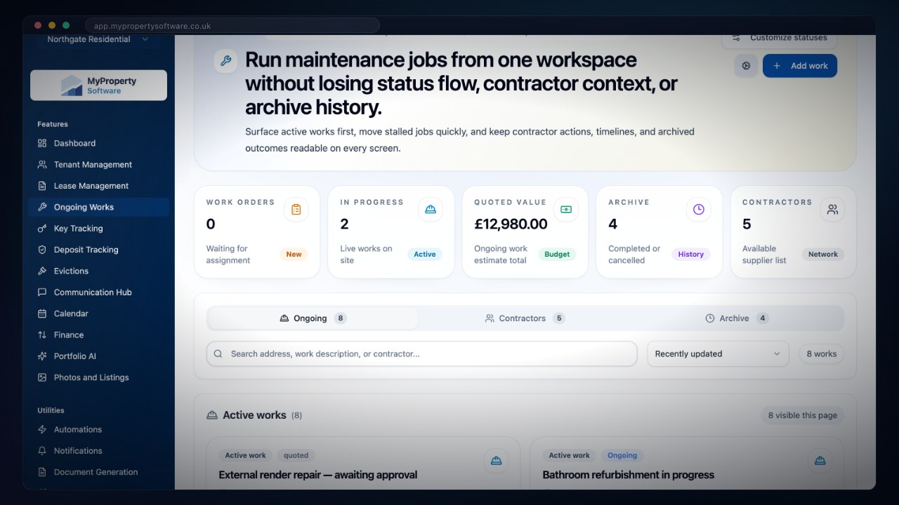 Maintenance works list with status tracking